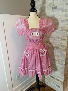 Chamber of Pastel My Melody Pink Gingham Dress Organza Puff Sleeve Kawaii S*